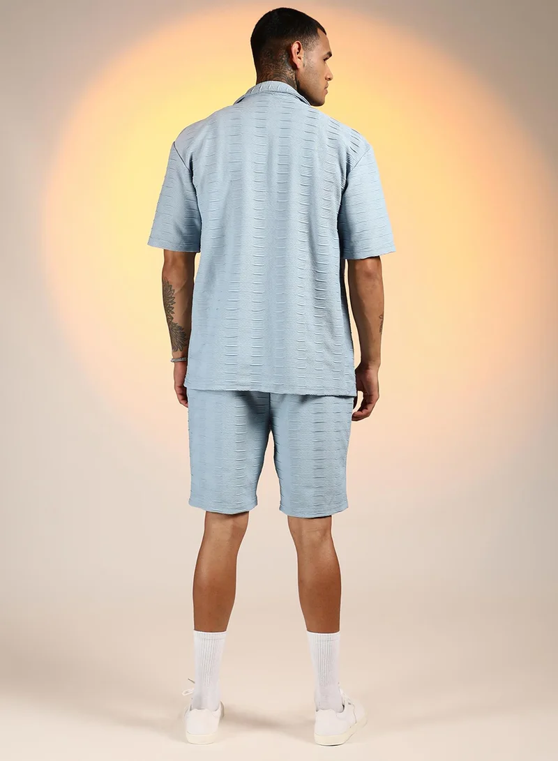 CAHOOT  Men's Powder Blue Ruche-Ribbed Co-Ord Set For Casual Wear | Spread Collar | Short Sleeve | Button Closure | Co-Ords Crafted With Comfort Fit For Everyday Wear for Men | Best Price UAE